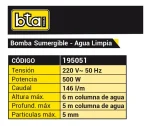 Bomba Sumergible Bta Tools 500W 146L/min Flotante Automático - Imagen 2