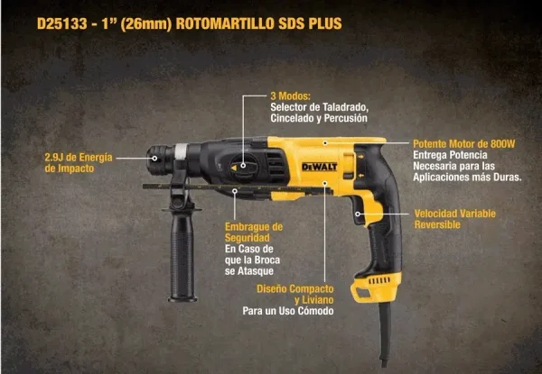 Rotomartillo Eléctrico Dewalt D25133k-ar 800w Sds Plus 2.9j - Imagen 2